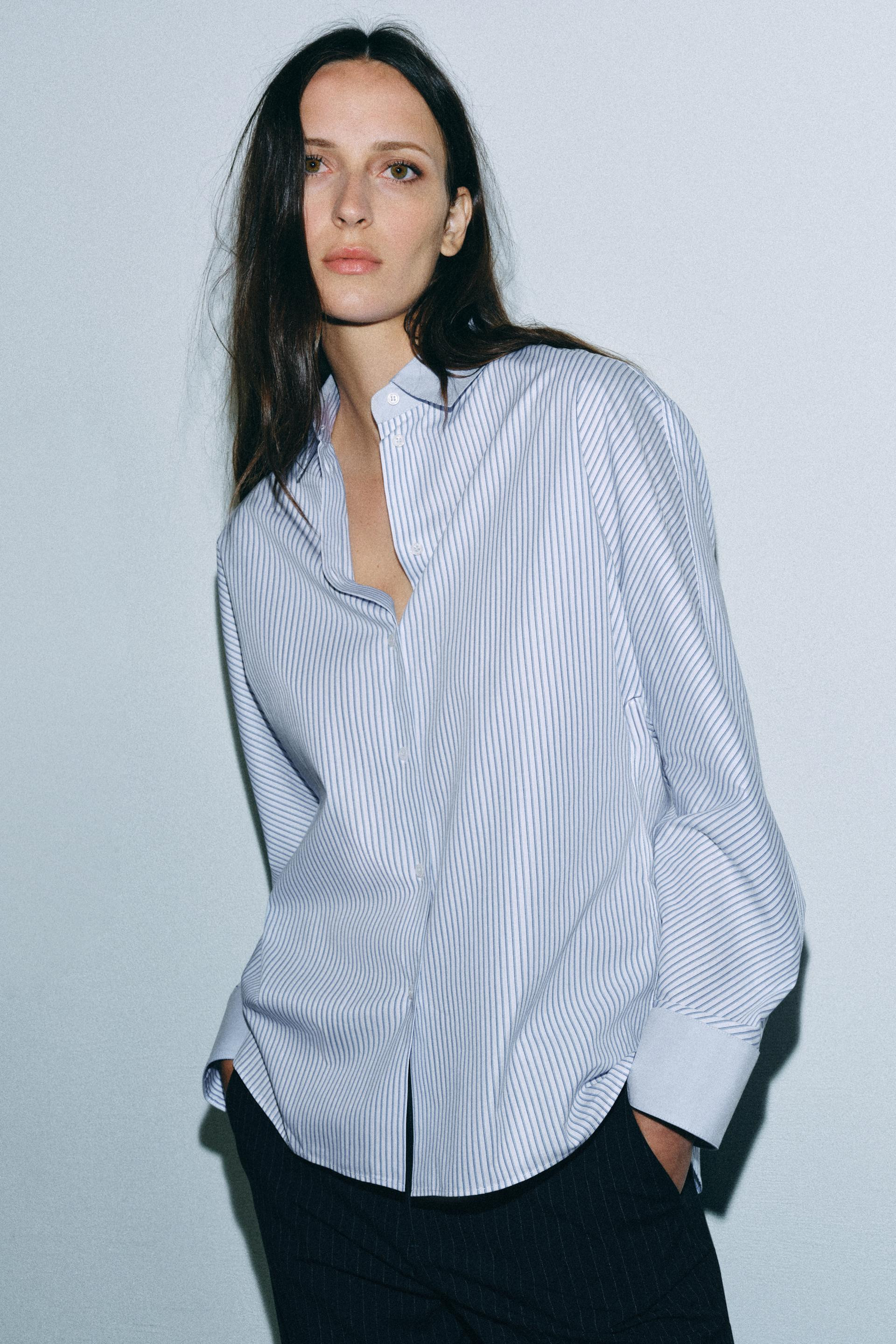 Zara - Zw Collection Contrast Striped Oxford Shirt - Blue - M - Woman | Zara US