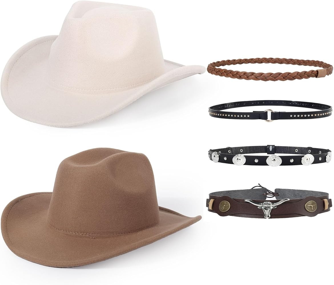 2 Pack Western Cowboy Hats for Women and Men Classic Felt Wide Brim Costume Cow Boy Hat Roll Up B... | Amazon (US)