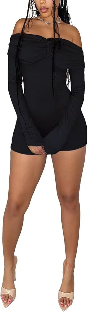 Women Sexy Off Shoulder Ruched Bodycon Shorts Jumpsuit Romper Long Sleeve One Piece Outfits | Amazon (US)