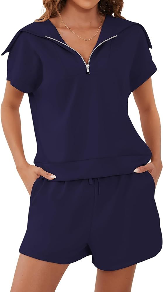 Amazon.com: Meladyan Women's Two Piece Half Zip Lapel Sleeve Sweatshirt High Waist Drawstring Set... | Amazon (US)