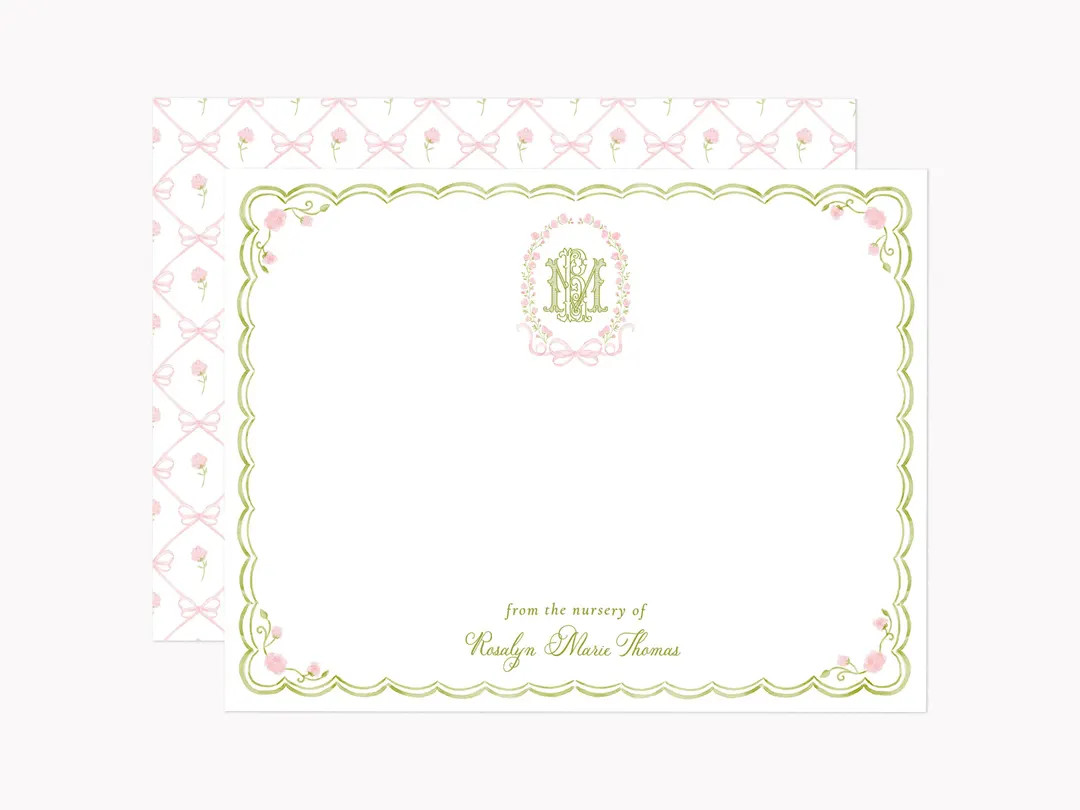 Pink Rose Crest Stationery Set | Custom Coquette Monogram Note Cards for Baby Girl | Personalized... | Etsy (US)