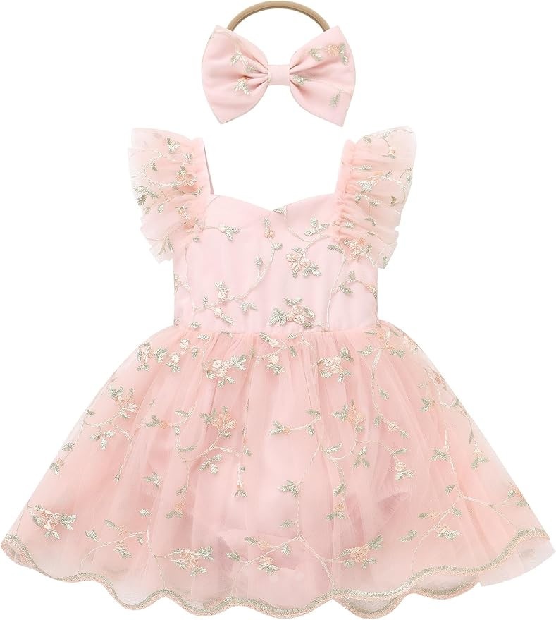 IDOPIP Floral Embroidered Baby Girl Romper Tutu Dress Princess Tulle Jumpsuit Headband Cake Smash... | Amazon (US)