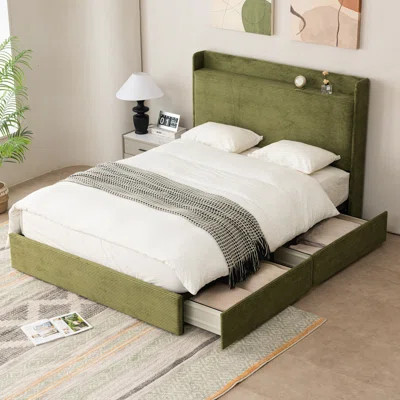 Upholstered Platform Bed with 4 Storage Drawers And Storage Headboard | Wayfair North America