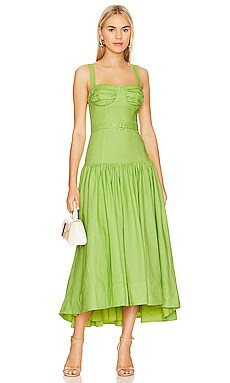NICHOLAS Drenica Drop Waist Corset Midi Dress in Limelight from Revolve.com | Revolve Clothing (Global)