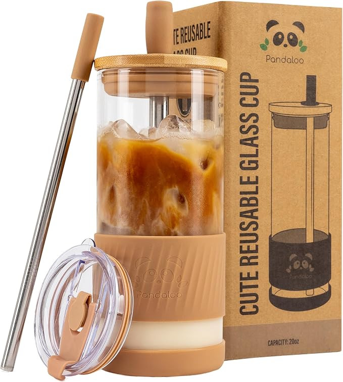 Pandaloo® Glass Cups With Lids and Straws -20 Fl Oz- Perfect Size Iced Coffee Cup - Smoothie Cup... | Amazon (US)