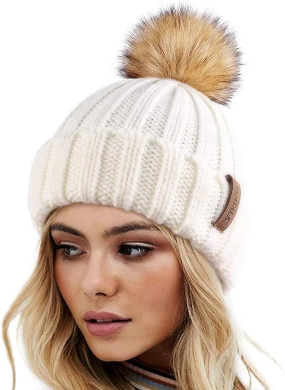 Womens Winter Knitted Beanie Hat with Faux Fur Pom Warm Knit Skull Cap Beanie for Women | Amazon (US)