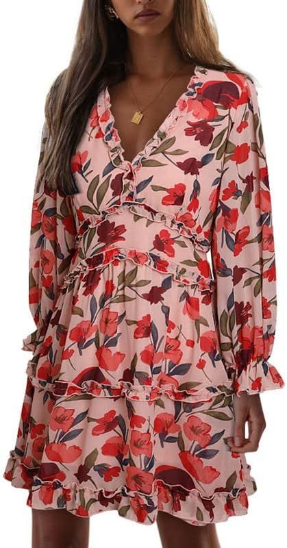 Dokotoo Womens 2023 Spring Summer Deep V Neck Ruffle Long Sleeve Floral Print Mini Dress | Amazon (US)