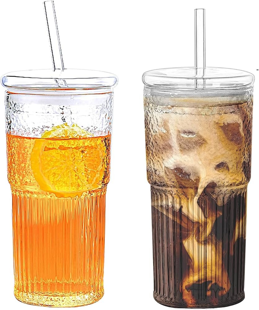 2PCS Glass Cups with Lids and Glass Straws, 20OZ Iced Coffee Cups, Home Essential and Coffee Bar ... | Amazon (US)