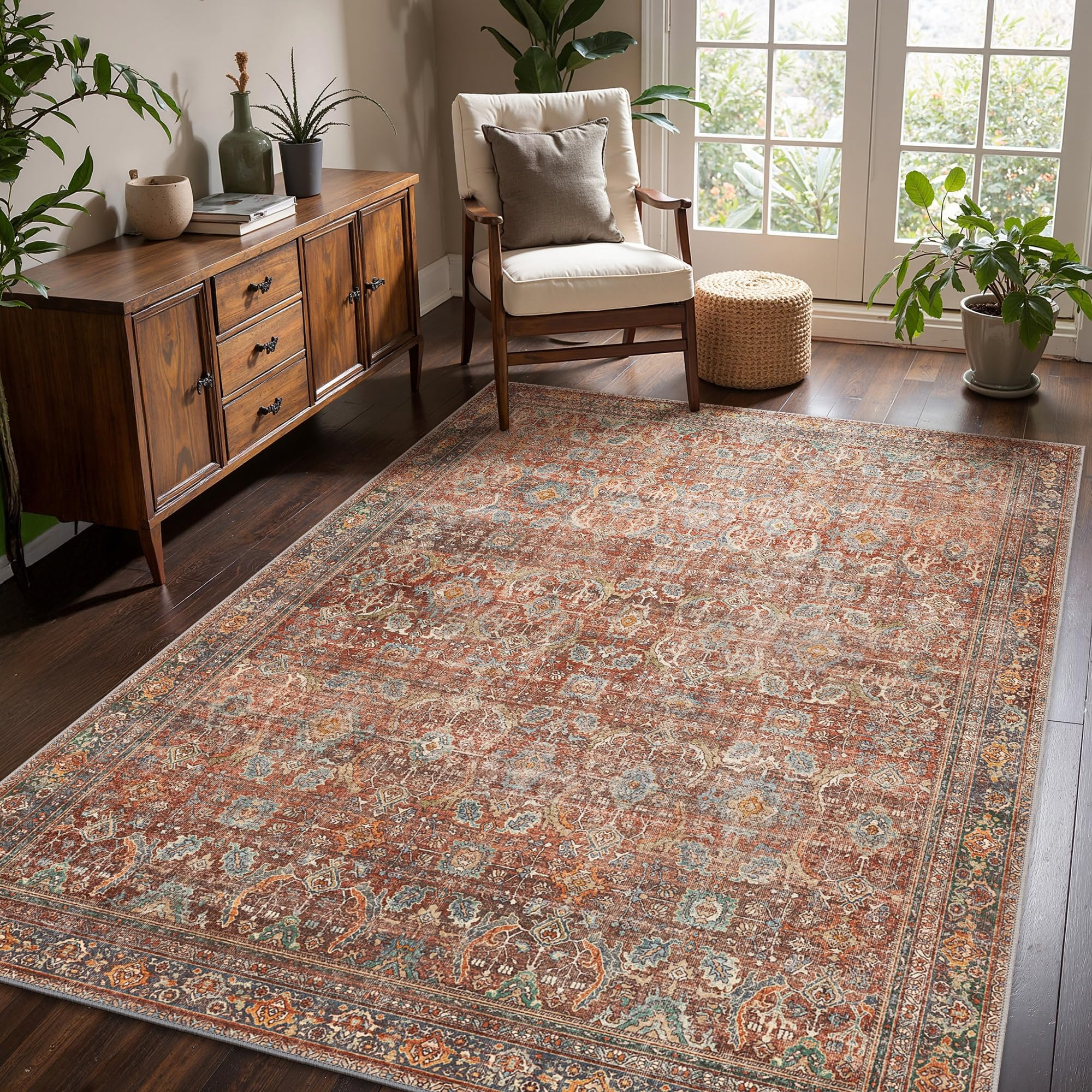 8x10 Area Rug Machine Washable Boho Rug for Living Room,Ultra-Thin Low Pile Carpet,Lightweight In... | Amazon (US)