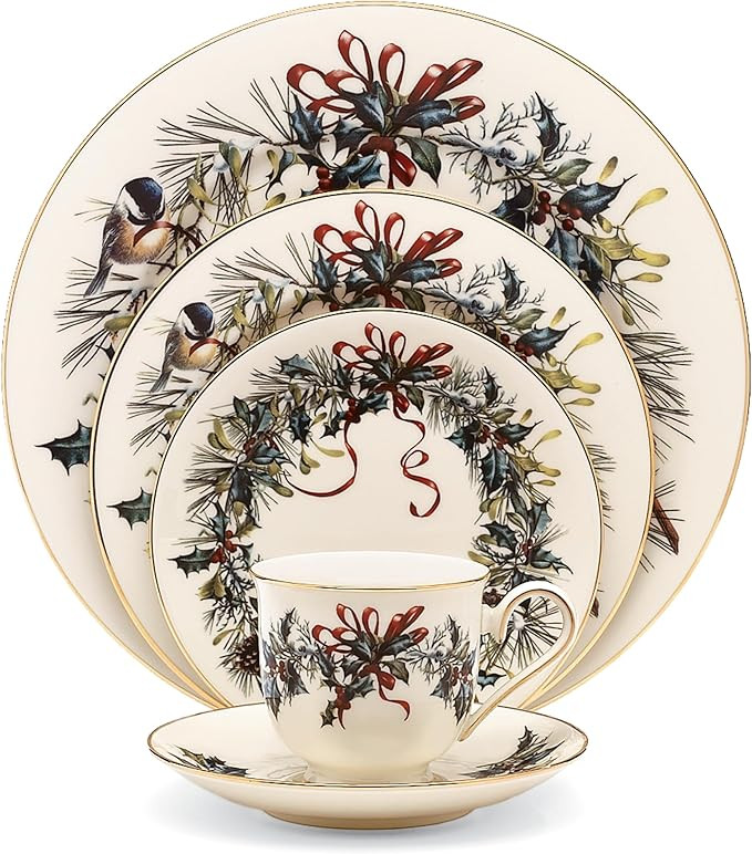 Lenox 185591602 Winter Greetings, Ivory Bone China, 5-Piece Place Setting, Christmas Dinnerware S... | Amazon (US)