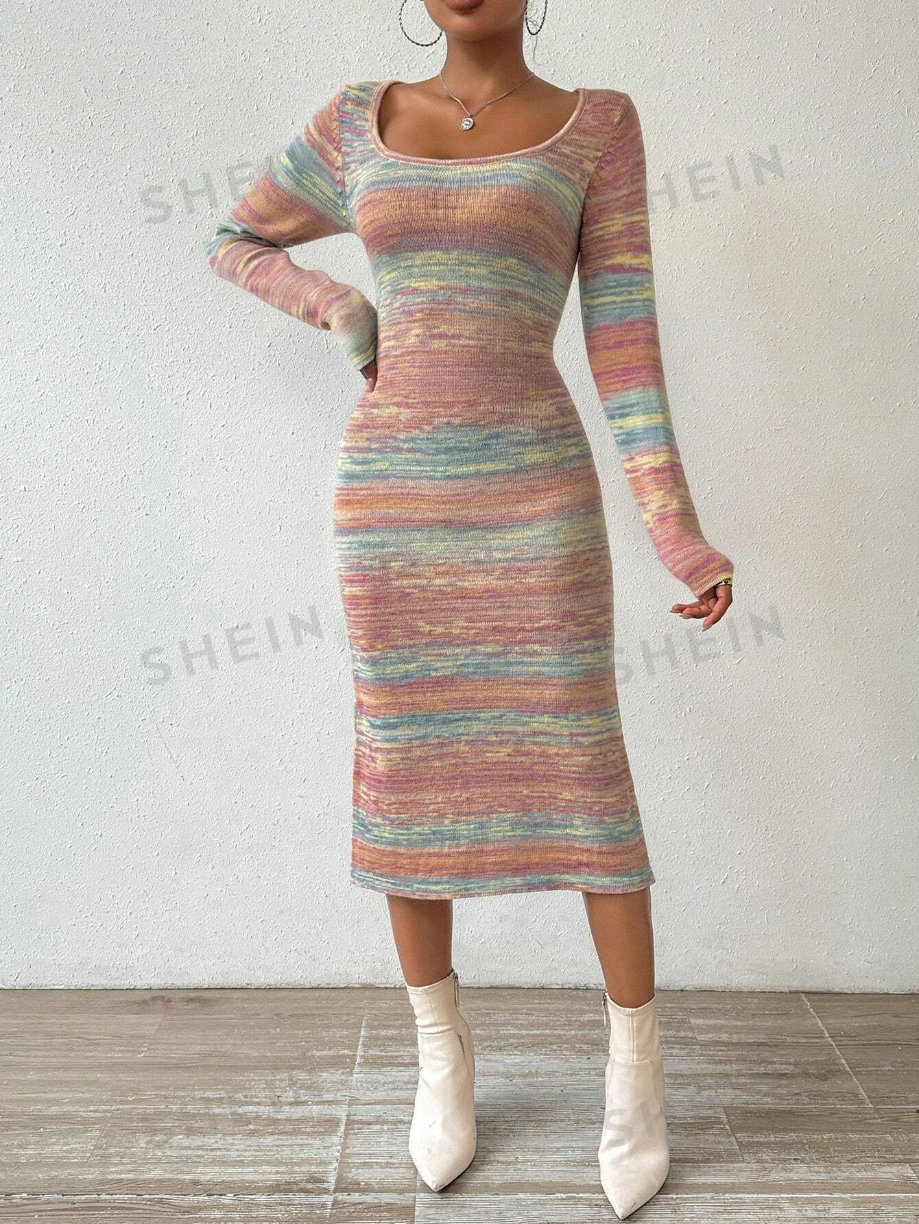 SHEIN Essnce Round Neck Striped Sweater Dress | SHEIN