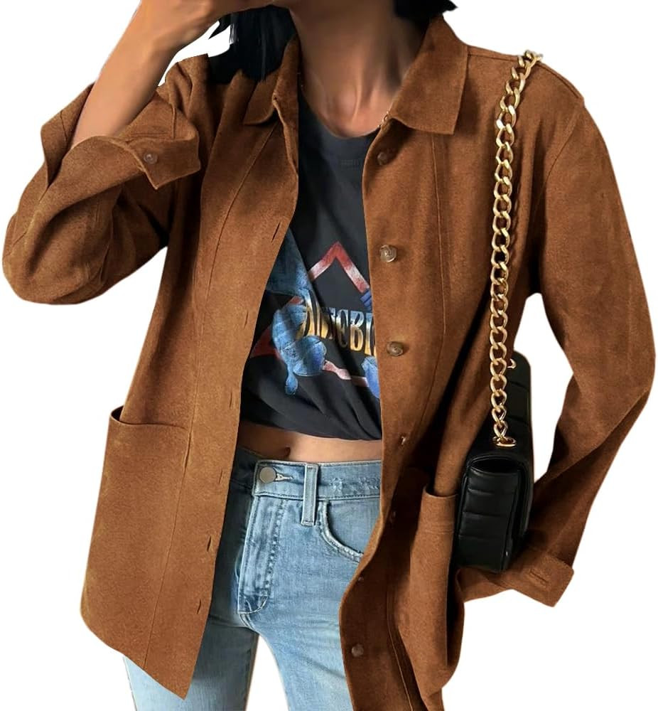 Tankaneo Womens Faux Suede Jackets Button Down Long Sleeve Shackets Coat Trendy 2025 Spring Cloth... | Amazon (US)