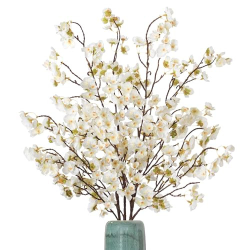 Ammyoo 4 Pcs Artificial Cherry Blossom Flower Branches, Bulk Silk Faux Flowers Real Touch Bouquet for Home Wedding Party Centerpieces Spring Summer Decor, Vase Not Included (White) | Amazon (US)