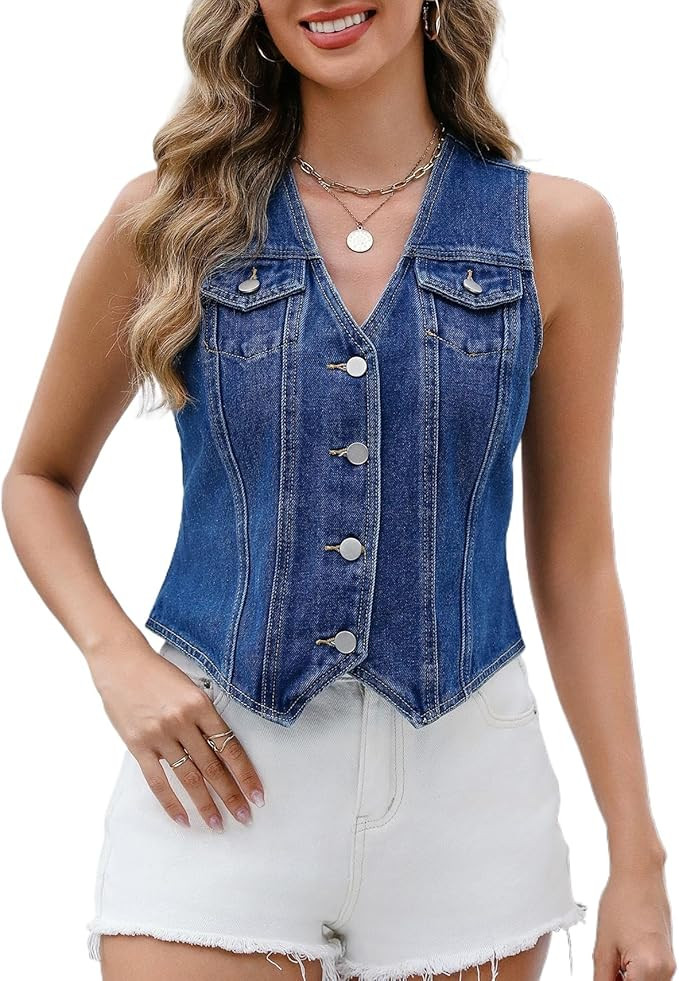 Ladyful Denim Vest Top for Women V Neck Jean Vest Waistcoat Button Down Sleeveless Crop Denim Top | Amazon (US)