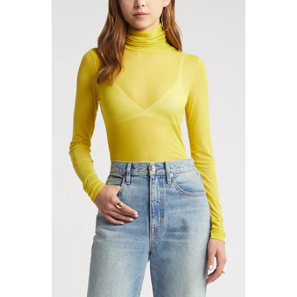 Open Edit Mesh Turtleneck in Yellow Celery at Nordstrom, Size X-Small | Nordstrom