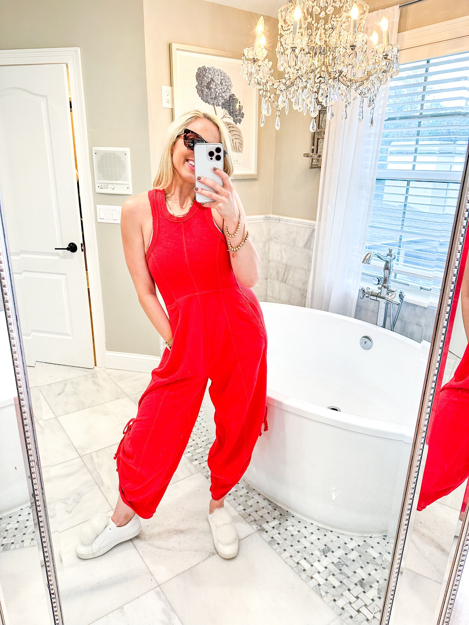Okay this is the comfiest red romper ever !! Super flowy but also hugs you in the right places ! Wearing a size XS in the romper (runs big) and shoes are from Sam Edelman - they don’t make them anymore but linked similar ones ! 
Use my code : BONNIE30 for 30% Anthro 
Code : BONNIE for 10% off sunnies 
Code : GIFT30 for 30% off shoes 


#LTKSeasonal #LTKSaleAlert #LTKHoliday