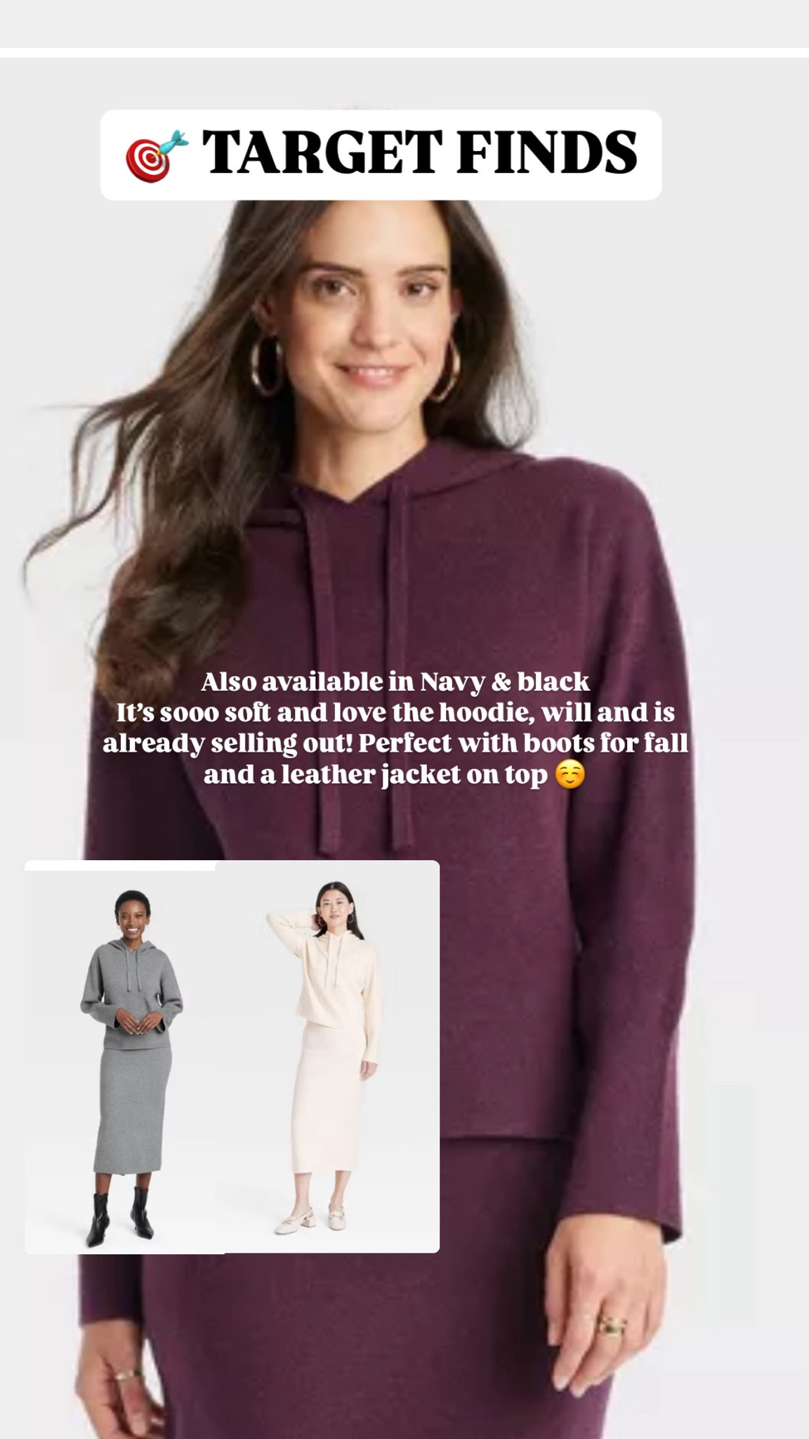 Saw these sets on person in gray and navy and both were so luxe looking in person!! I would take a small in both for reference (which were sold out in store) 
Now I’m seeing this pretty merlot color and ivory and honestly would wear all 5 colors!! 
What I love is that it looks expensive , obsessed with a good hoodie, and this is the perfect work and travel outfit! Especially cute with blazer or leather bomber on top!! 

#LTKFindsUnder50 #LTKTravel #LTKFallSale