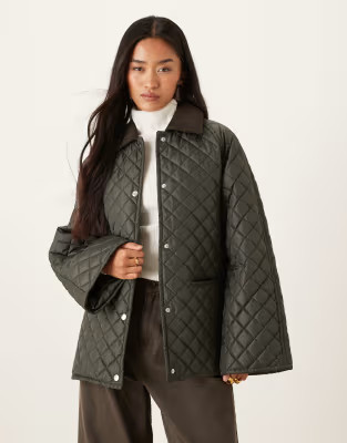 Gina Tricot waxed effect short jacket in dark khaki green with contrast cord collar | ASOS | ASOS (Global)