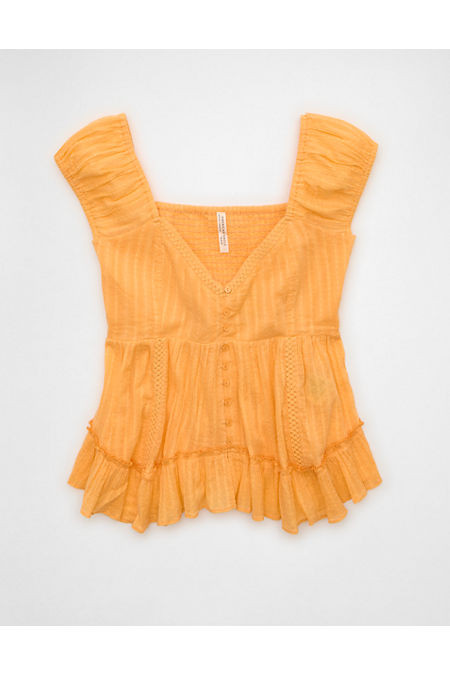 AE Lace Trim Babydoll Blouse Women's Tangerine Crush XXS | American Eagle Outfitters (US & CA)