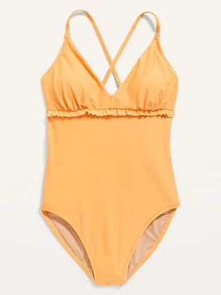 V-Neck Ruffle-Trim Cutout One-Piece Swimsuit | Old Navy (US)