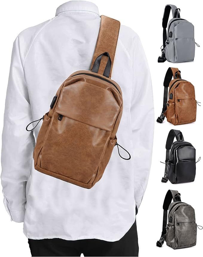 Brown Leather Small Sling Crossbody Backpack Shoulder Bag for Men Women, Hiking Daypack Multipurp... | Amazon (US)