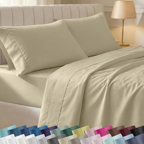 CALIFORNIA DESIGN DEN Soft 100% Cotton Bed Sheets Queen Size Set, 400 TC Good Housekeeping Award Winner, Silky Smooth Sateen, Deep Pockets, Breathable & Durable Queen Bedding Set - Beige (Golden Tone) | Amazon (US)