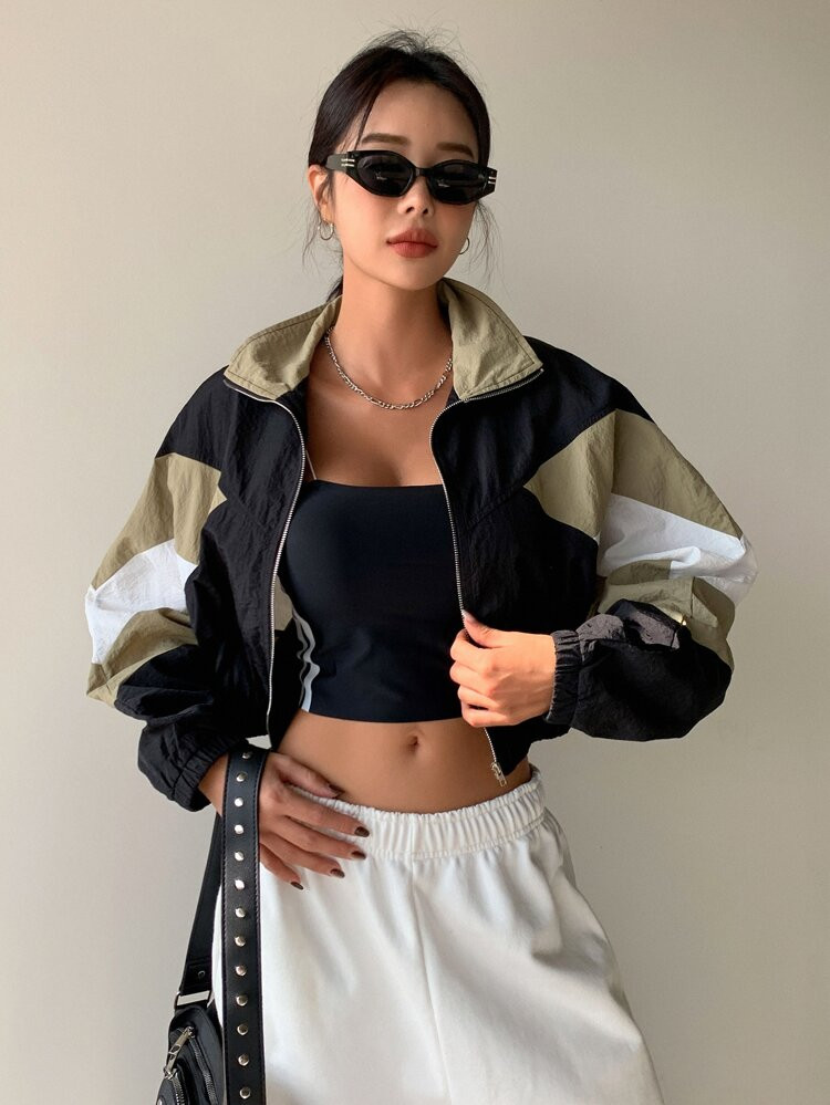DAZY Colorblock Zip Up Crop Jacket | SHEIN