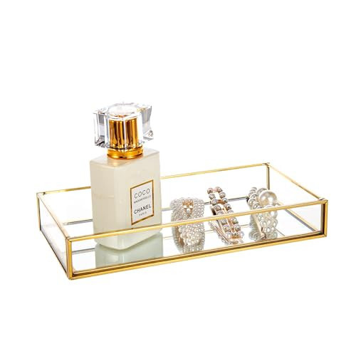 Feyarl Small Gold Clear Glass Perfume Tray Vanity Jewelry Trinket Rings Earrings Organizer Tray Collection Display Decorative Tray for Dressr Drawer Office Tabletop (7.87Inch) | Amazon (US)