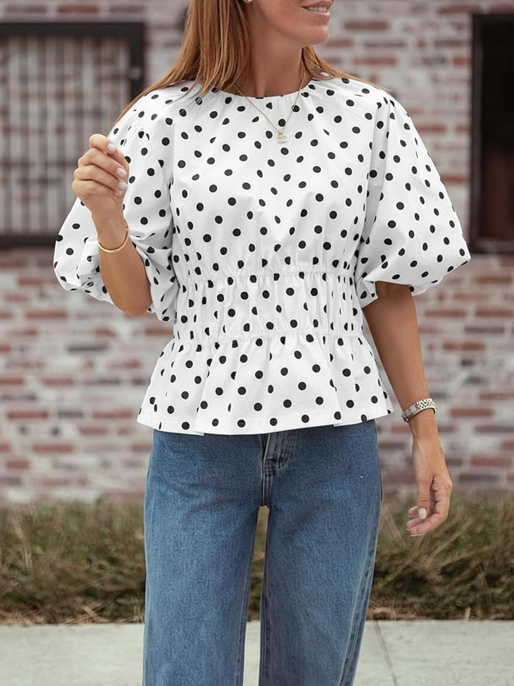 Cicy Bell Womens Polka Dots Peplum Tops Summer Puff Short Sleeve Round Neck Blouses Trendy Casual... | Amazon (US)