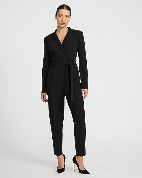 Crepe V-Neck Belted Tapered Leg Blazer Jumpsuit with Pockets | Express