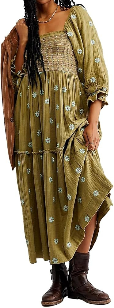 ABYOVRT Women Floral Embroidered Maxi Dress Long Puff Sleeve Square Neck Bohemian Flowy Dress wit... | Amazon (US)