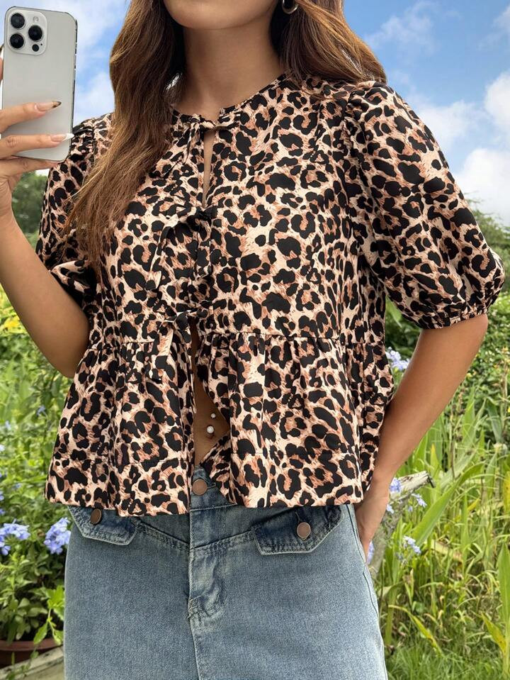 SHEIN EZwear Leopard Print Round Neck Puff Sleeve Tie Front Women Shirt | SHEIN