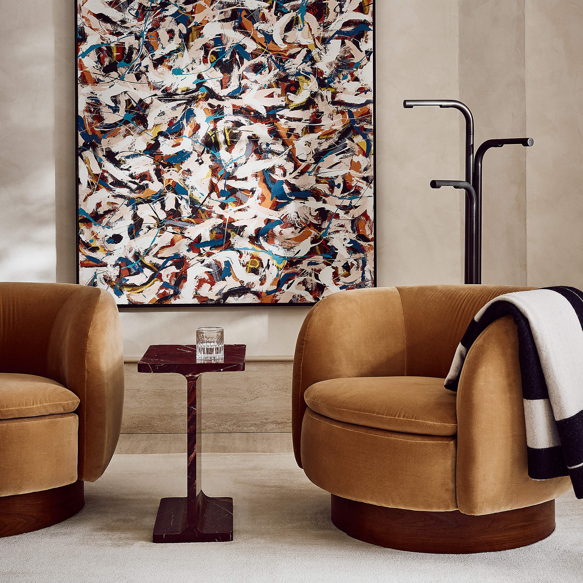 Muir Camel Velvet Swivel Chair + Reviews | CB2 | CB2