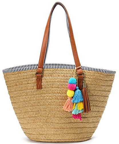 Straw Bag Round Summer Straw Large Woven Beach Bag Purse For Women Vocation Tote Handbags With Pom Poms | Amazon (US)