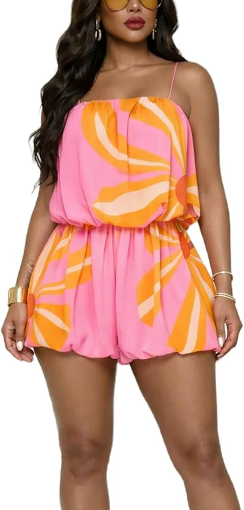 REASERAL Womens Summer Floral Romper Sexy Spaghetti Strap Sleeveless Jumpsuit Graphic Print High ... | Amazon (US)