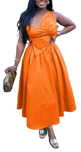 YUEWOO Women's Spaghetti Strap Maxi Dress Summer Sleeveless Cutout Dresses Casual Boho Backless Flowy Long Dresses Cocktail Dresses One Shoulder Orange L | Amazon (US)