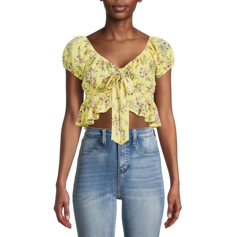 Almost Famous Women's Junior Peasant Sleeve Front Tie Peplum Crop Top - Walmart.com | Walmart (US)