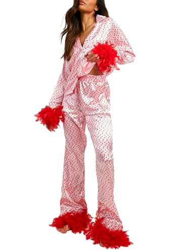 Women Valentine Day Pajamas Heart Bow Print Silk Pjs Feather Trim Long Sleeve Shirt Pj Pants Lounge Set(Love Heart Pink,Medium) | Amazon (US)