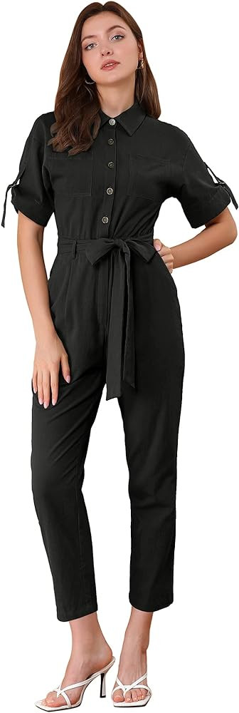 Allegra K Women's Short Sleeve Collared Cropped Coverall Button Down Tie Waist Cotton Cargo Jumps... | Amazon (US)