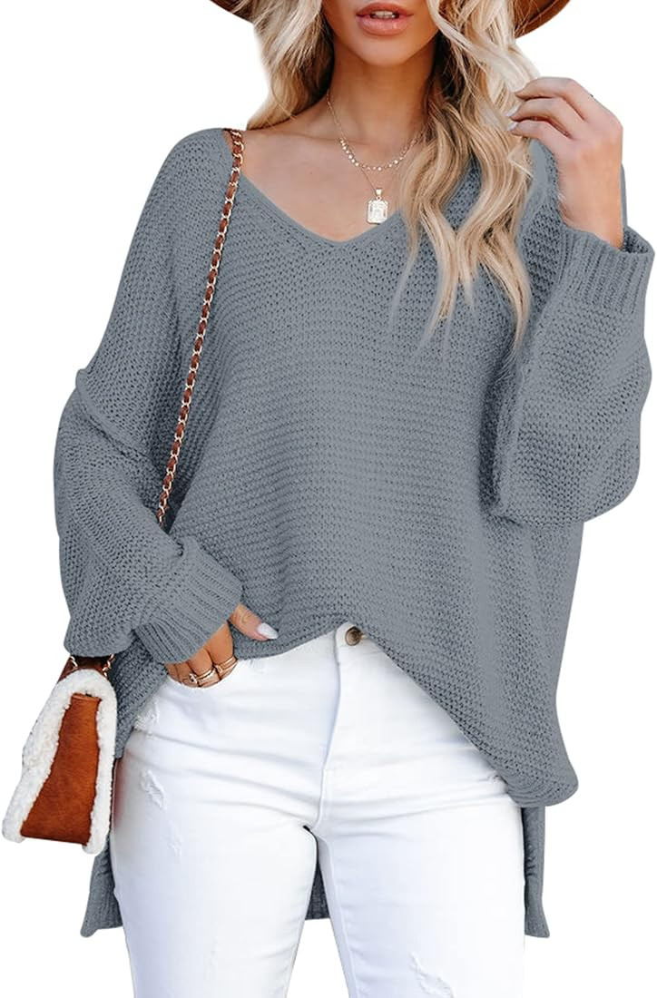 AVIVATINO Women's Off Shoulder Oversized Sweaters V Neck Long Batwing Sleeve Slit Baggy Loose Kni... | Amazon (US)