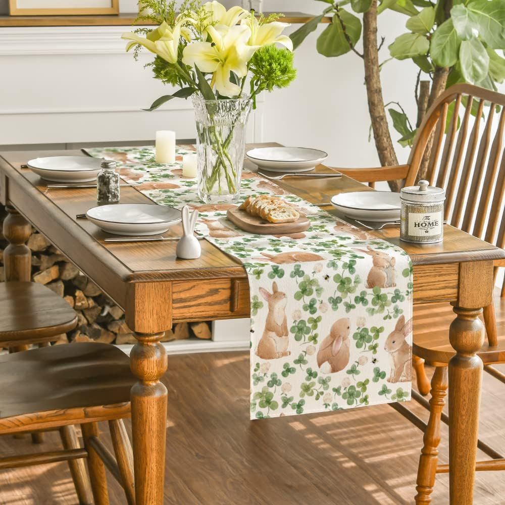 Artoid Mode Bunny Rabbit Clover Shamrock Easter Table Runner, St. Patrick's Day Spring Kitchen Di... | Amazon (US)