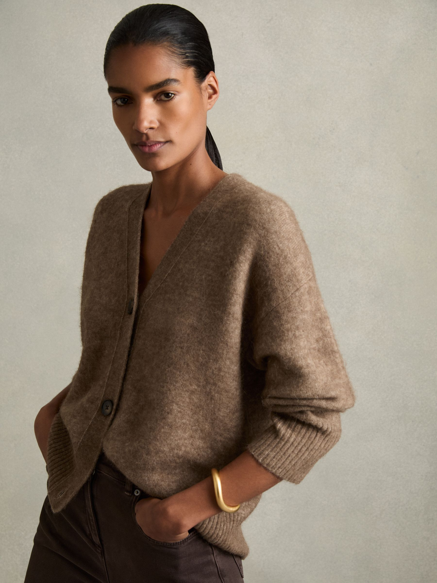 Reiss Alpaca Wool-Blend Brushed Cardigan in Mink - REISS | Reiss UK
