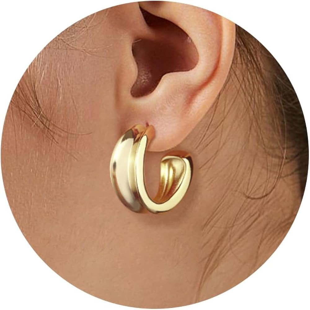 Moodear Chunky Thick Hoop Earrings - Trendy 14K Gold/Sterling Silver Plated Open Huggie Hoops Lig... | Amazon (US)