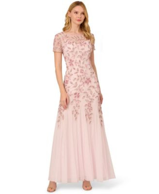 Adrianna Papell Size Floral-Beaded Gown - Mercury/Nude | Macy's