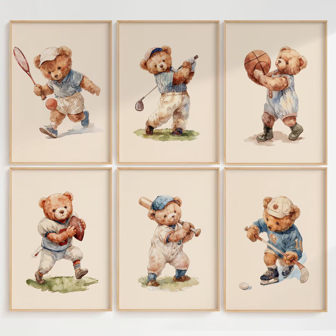 Set of 6 Vintage Teddy Bear Sports Wall Art, Babyshower Gift Boy, Watercolor Illustrations, Sport... | Etsy (US)