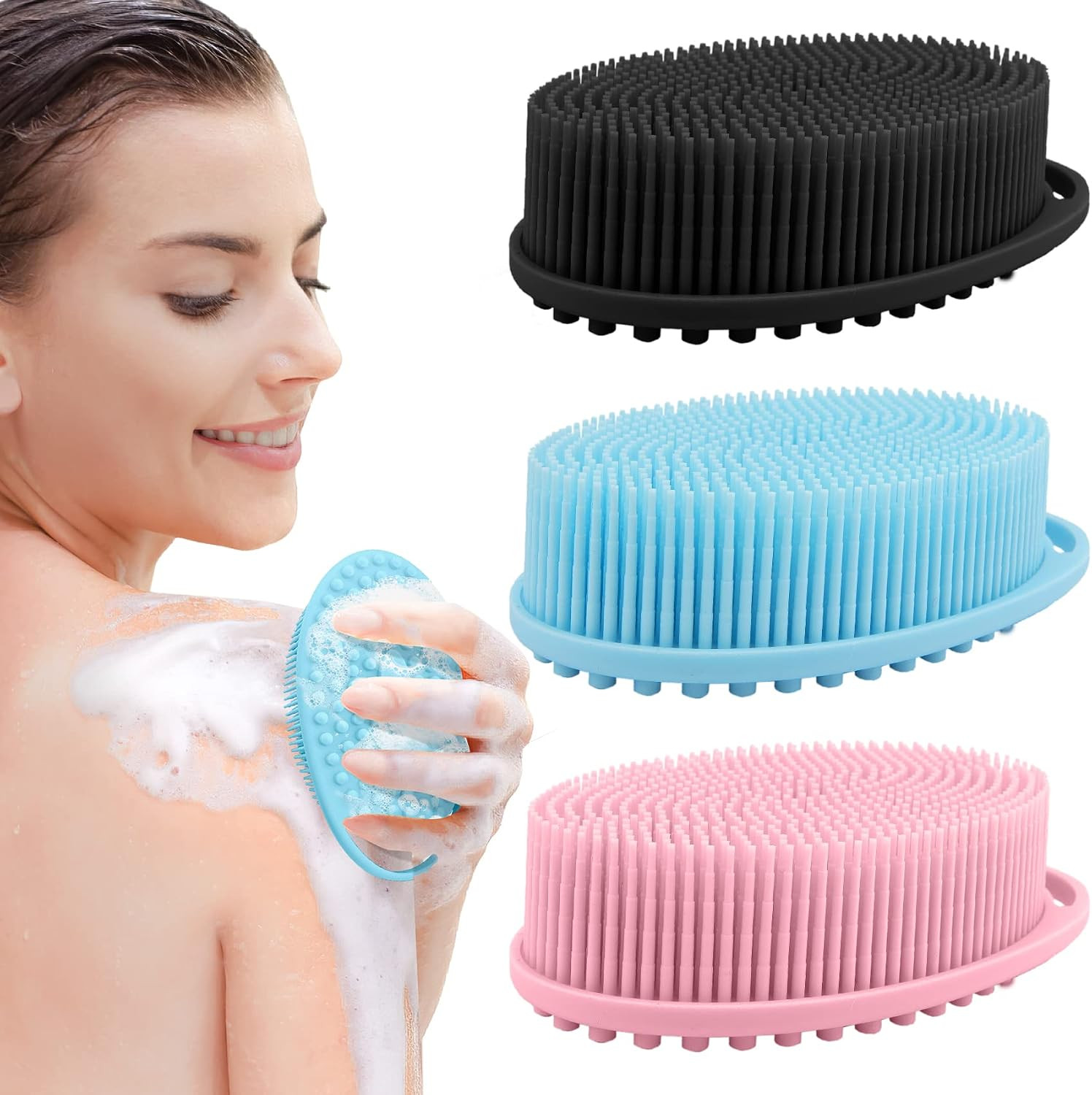 PQRUU 3 Pack Silicone Body Scrubber, Exfoliating Soft Loofah Bath Body Scrubbers for Use in Shower, Exfoliating Body Scrubber Fit for All Kinds of Skin, Rapid Foaming Black+Blue+Pink | Amazon (US)
