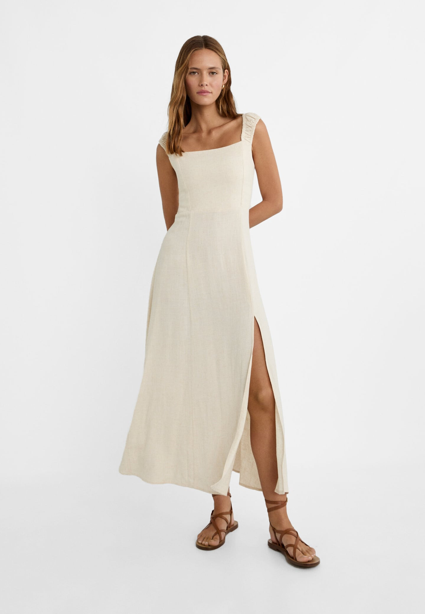 Fließendes Midikleid in Wickeloptik am Rücken mit Leinenanteil | Stradivarius DE