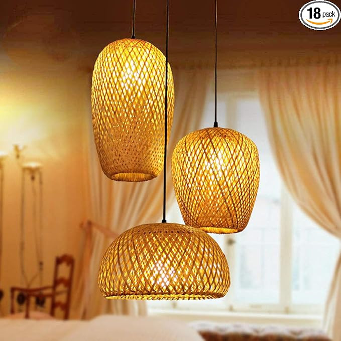 Bamboo Light Fixture, 3 Headlights Retro Style E26 E27 Natural Rattan Handmade Woven Pendant Ligh... | Amazon (US)