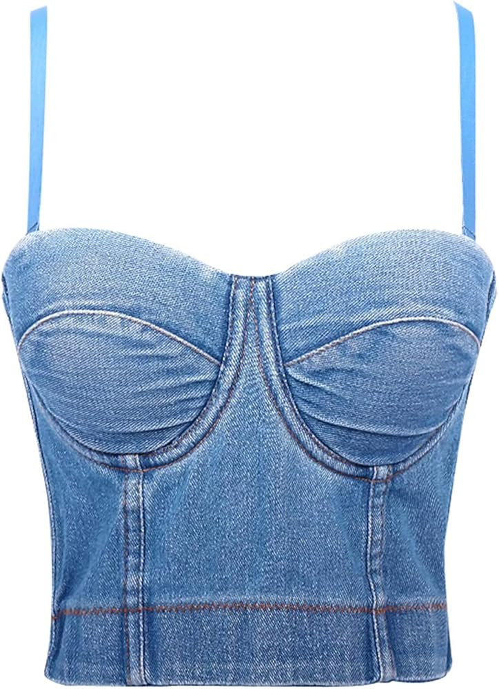 YQYJA Women's Exotic Bustiers & Corsets Denim Camisole Y2k Spaghetti Straps Crop Tops | Amazon (US)