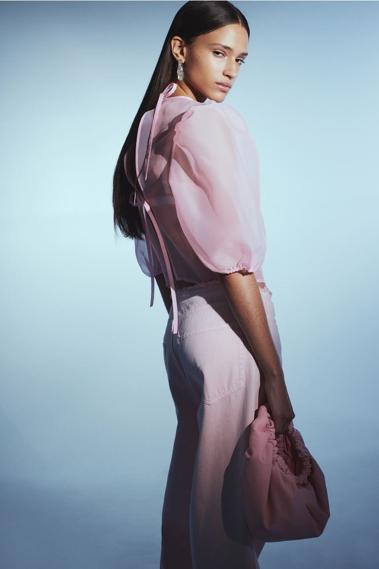 Puff-sleeved Organza Top - Light pink - Ladies | H&M US | H&M (US + CA)